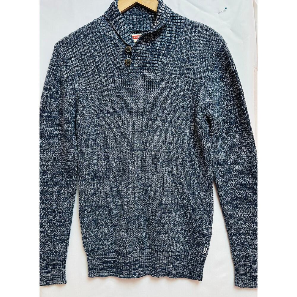 Levi's Shawl Neck Sweater Men's Small Henley Pullover Sweatshirt Blue Marble